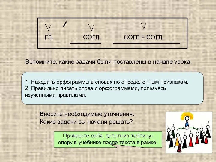 ГЛ. СОГЛ. СОГЛ.+ СОГЛ. Вспомните, какие задачи были поставлены в начале