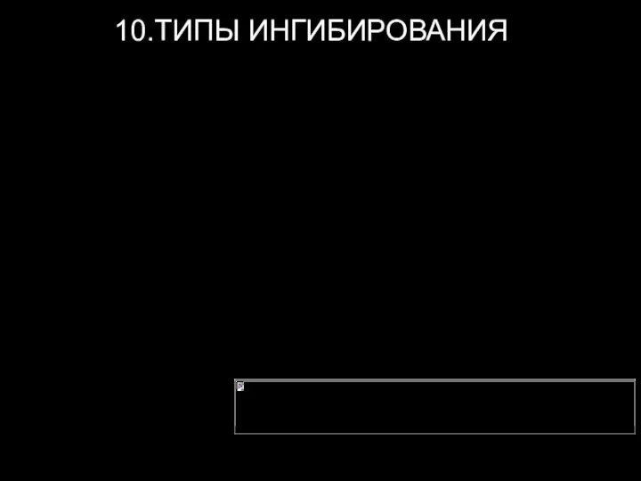 10.ТИПЫ ИНГИБИРОВАНИЯ Необратимое Обратимое: -Конкурентное -Неконкурентное -Бесконкурентное Смешанное