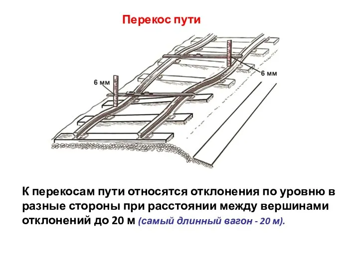 Перекос пути К перекосам пути относятся отклонения по уровню в разные