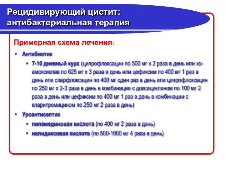 Рецидивирующий цистит: антибактериальная терапия Антибиотик 7-10 дневный курс (ципрофлоксацин по 500