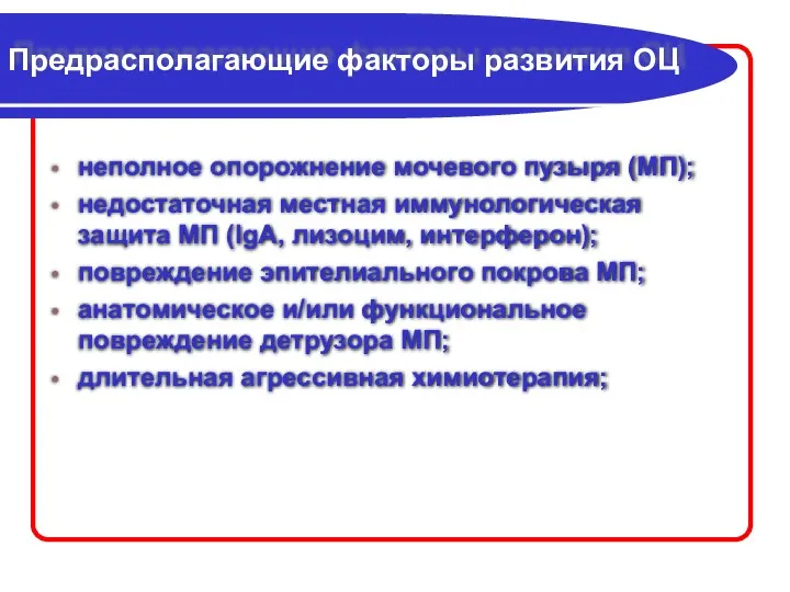 Предрасполагающие факторы развития ОЦ неполное опорожнение мочевого пузыря (МП); недостаточная местная