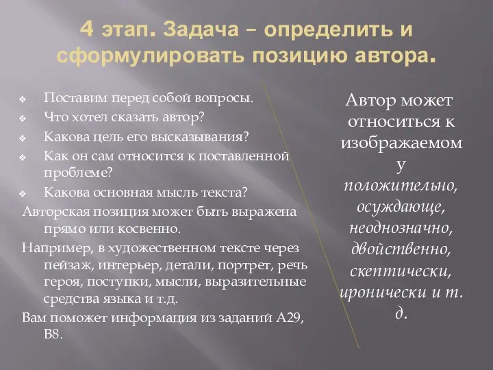 4 этап. Задача – определить и сформулировать позицию автора. Поставим перед