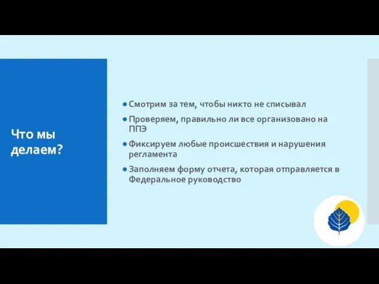 Что мы делаем? Смотрим за тем, чтобы никто не списывал Проверяем,