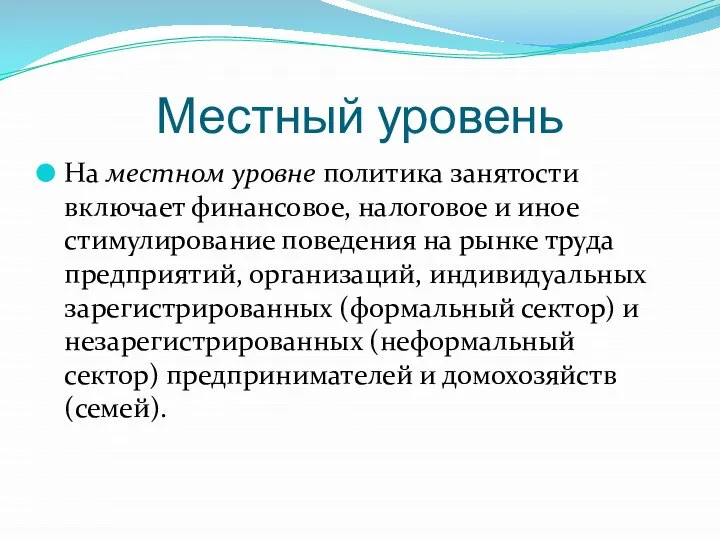 Местный уровень На местном уровне политика занятости включает финансовое, налоговое и