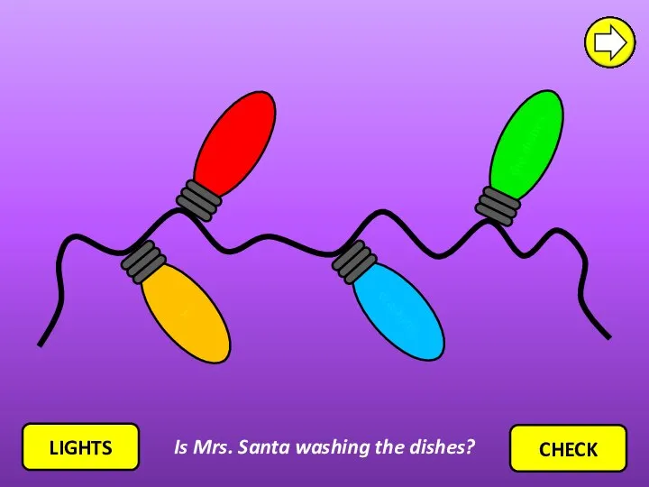 Mrs. Santa washing the dishes Is LIGHTS CHECK Is Mrs. Santa washing the dishes?