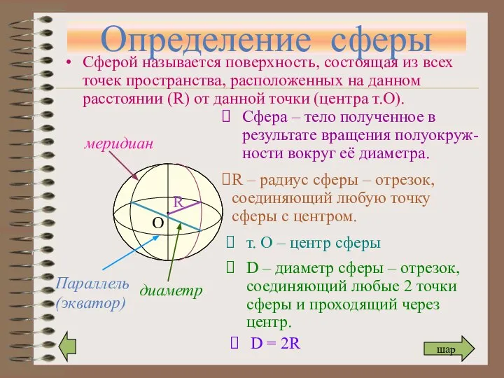 Определение сферы Сферой называется поверхность, состоящая из всех точек пространства, расположенных