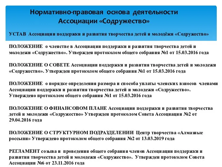 Нормативно-правовая основа деятельности Ассоциации «Содружество» УСТАВ Ассоциации поддержки и развития творчества