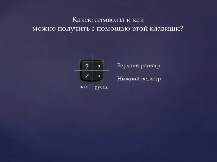 Какие символы и как можно получить с помощью этой клавиши? Верхний регистр Нижний регистр лат русск