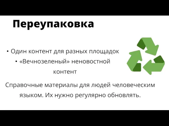 Переупаковка Один контент для разных площадок «Вечнозеленый» неновостной контент Справочные материалы