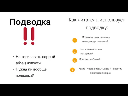 Подводка Не копировать первый абзац новости! Нужна ли вообще подводка? Как