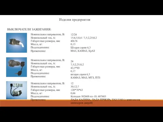 Изделия предприятия ВЫКЛЮЧАТЕЛИ ЗАЖИГАНИЯ: Номинальное напряжение, В: Номинальный ток, А: Габаритные