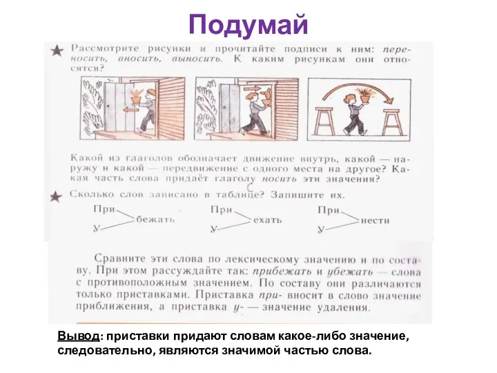 Подумай Вывод: приставки придают словам какое-либо значение, следовательно, являются значимой частью слова.