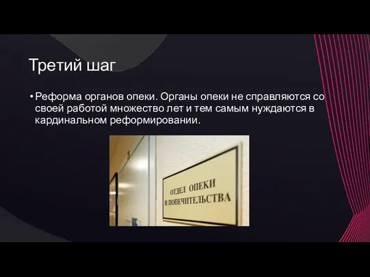 Третий шаг Реформа органов опеки. Органы опеки не справляются со своей