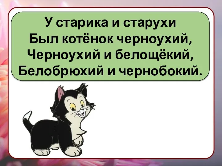 У старика и старухи Был котёнок черноухий, Черноухий и белощёкий, Белобрюхий и чернобокий.