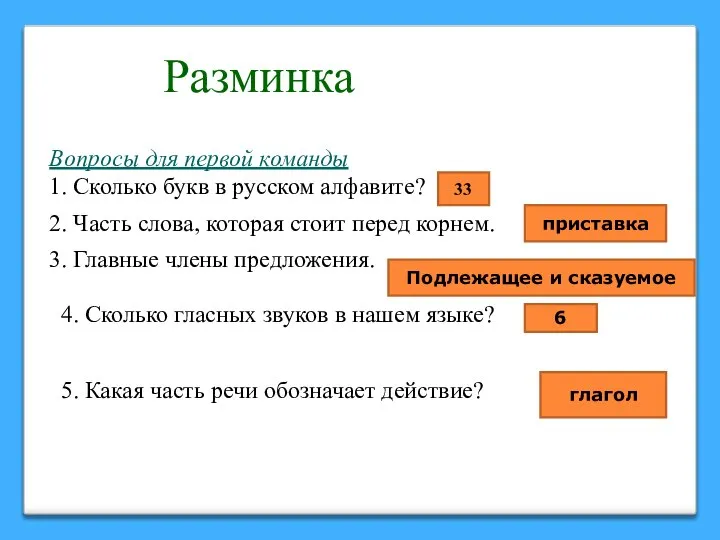 Разминка Вопросы для первой команды 1. Сколько букв в русском алфавите?