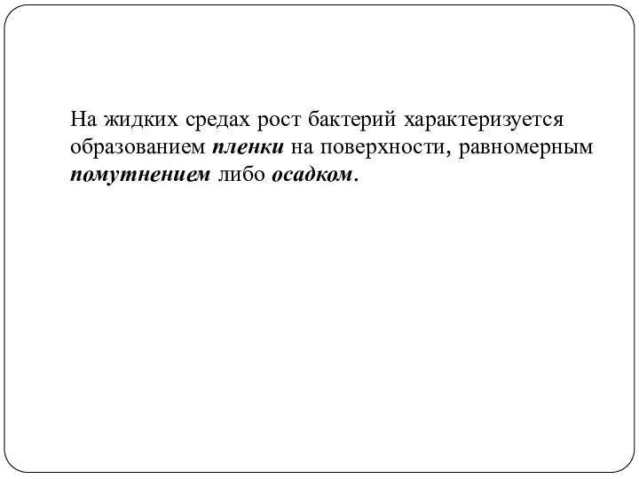 На жидких средах рост бактерий характеризуется образованием пленки на поверхности, равномерным помутнением либо осадком.