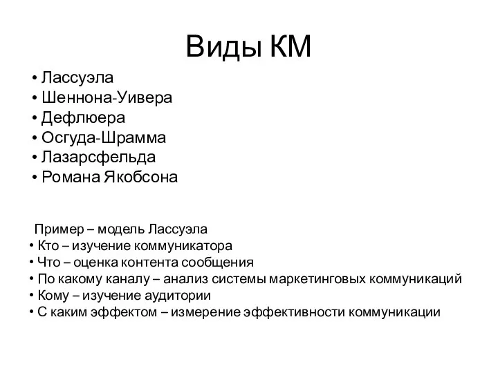 Виды КМ Лассуэла Шеннона-Уивера Дефлюера Осгуда-Шрамма Лазарсфельда Романа Якобсона Пример –