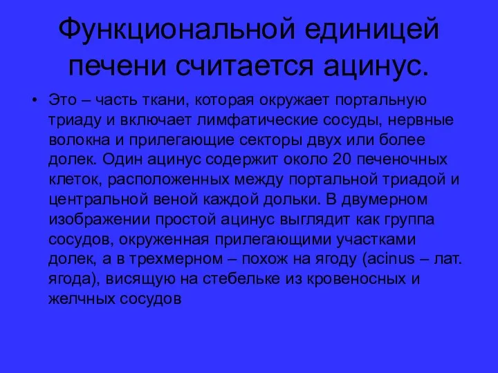 Функциональной единицей печени считается ацинус. Это – часть ткани, которая окружает