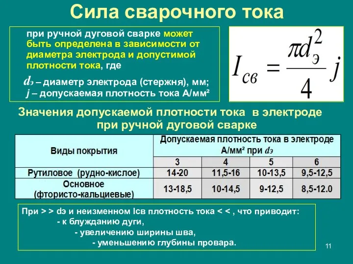 Сила сварочного тока при ручной дуговой сварке может быть определена в