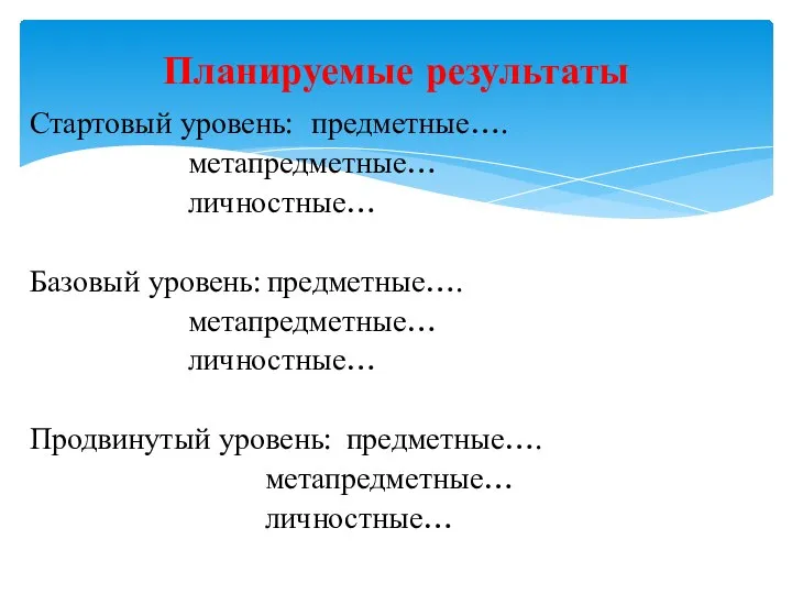 Стартовый уровень: предметные…. метапредметные… личностные… Базовый уровень: предметные…. метапредметные… личностные… Продвинутый