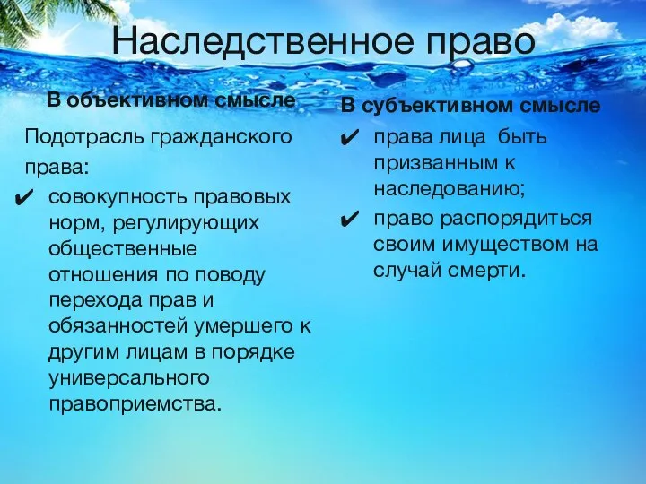 Наследственное право В объективном смысле Подотрасль гражданского права: совокупность правовых норм,