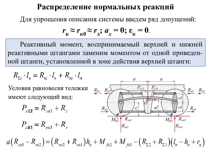 Распределение нормальных реакций Реактивный момент, воспринимаемый верхней и нижней реактивными штангами