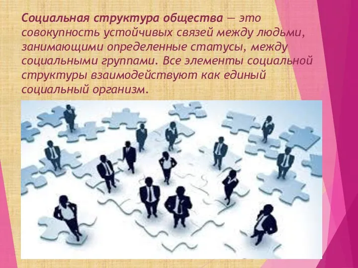 Социальная структура общества — это совокупность устойчивых связей между людьми, занимающими