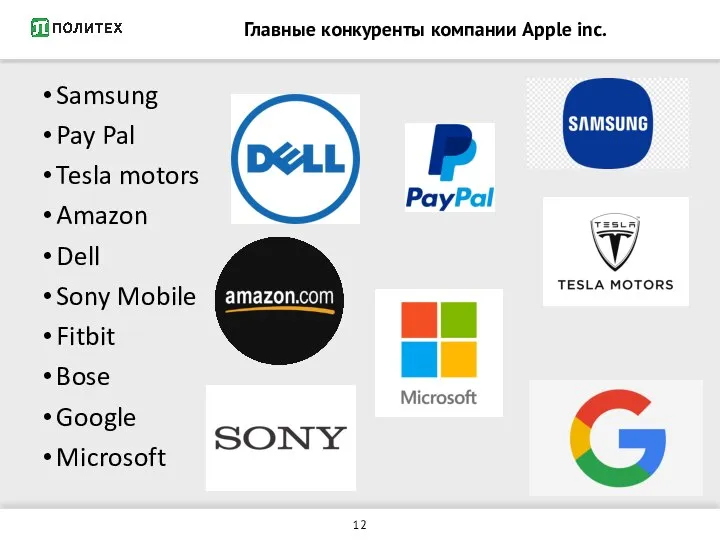 Главные конкуренты компании Apple inc. Samsung Pay Pal Tesla motors Amazon