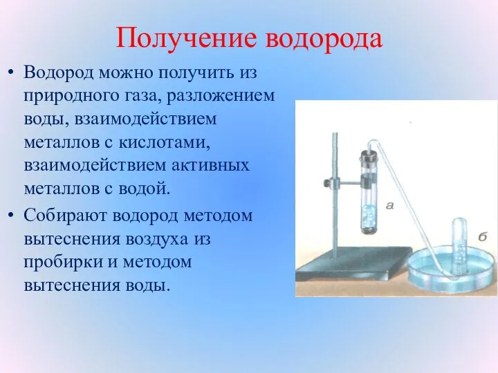 Получение водорода Водород можно получить из природного газа, разложением воды, взаимодействием