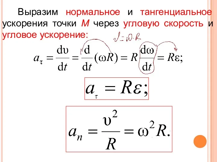 Выразим нормальное и тангенциальное ускорения точки М через угловую скорость и угловое ускорение: