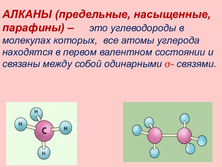 АЛКАНЫ (предельные, насыщенные, парафины) – это углеводороды в молекулах которых, все