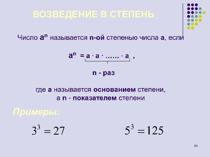 ВОЗВЕДЕНИЕ В СТЕПЕНЬ Примеры: