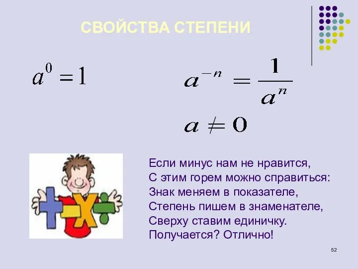 СВОЙСТВА СТЕПЕНИ Если минус нам не нравится, С этим горем можно