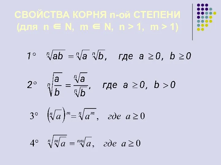 СВОЙСТВА КОРНЯ n-ой СТЕПЕНИ (для n ∈ N, m ∈ N,