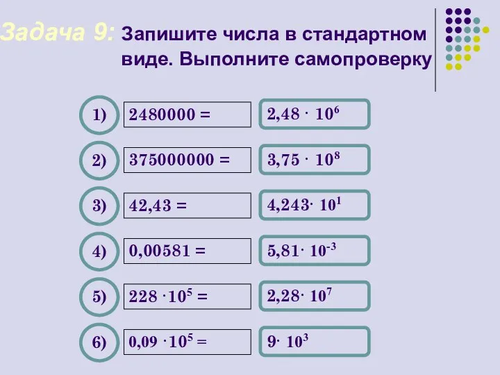 Задача 9: Запишите числа в стандартном виде. Выполните самопроверку 2480000 =