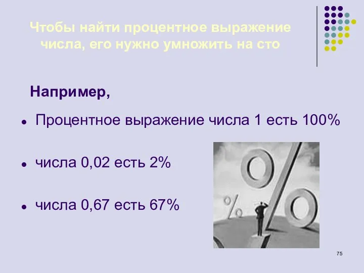 Чтобы найти процентное выражение числа, его нужно умножить на сто Например,