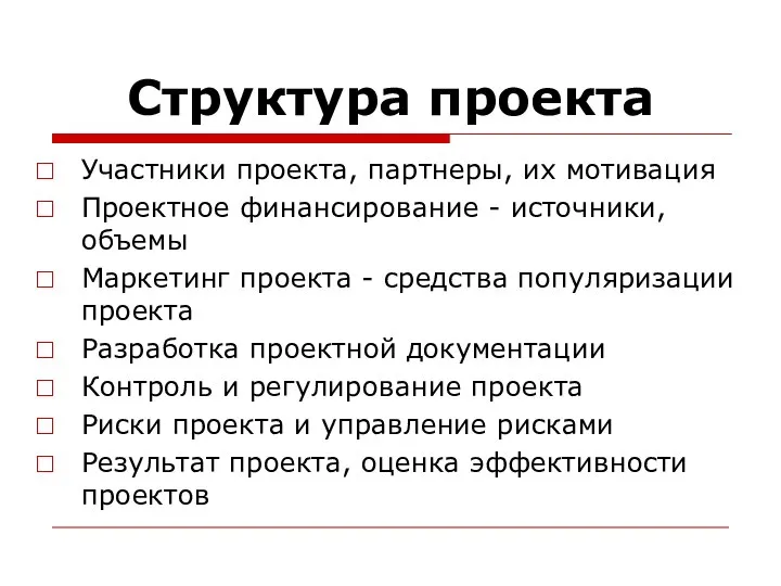 Структура проекта Участники проекта, партнеры, их мотивация Проектное финансирование - источники,