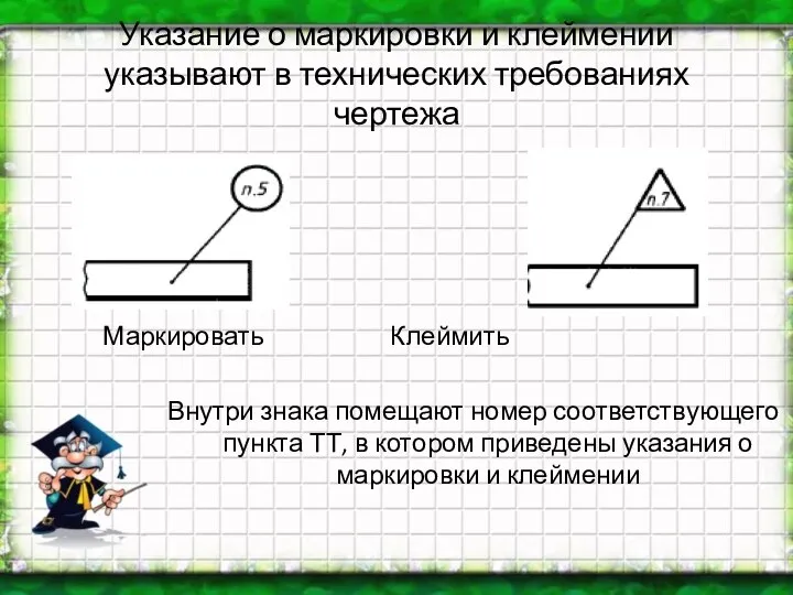 Указание о маркировки и клеймении указывают в технических требованиях чертежа Внутри