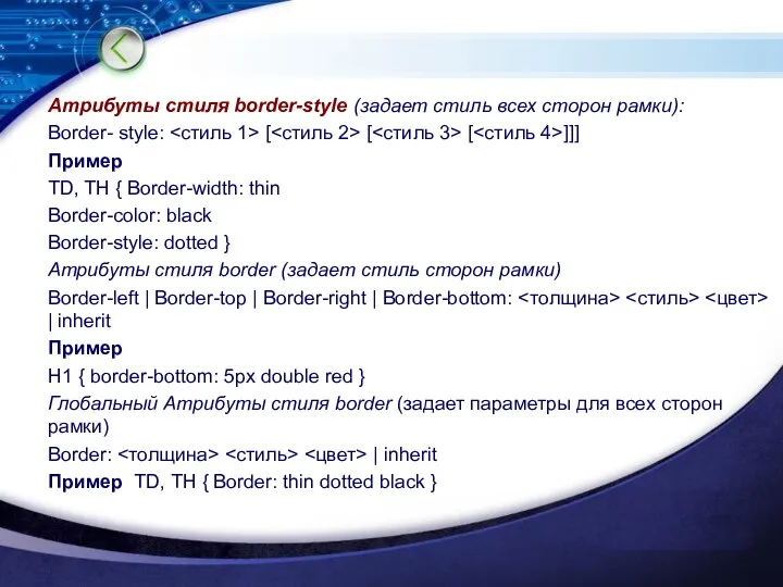 Атрибуты стиля border-style (задает стиль всех сторон рамки): Border- style: [