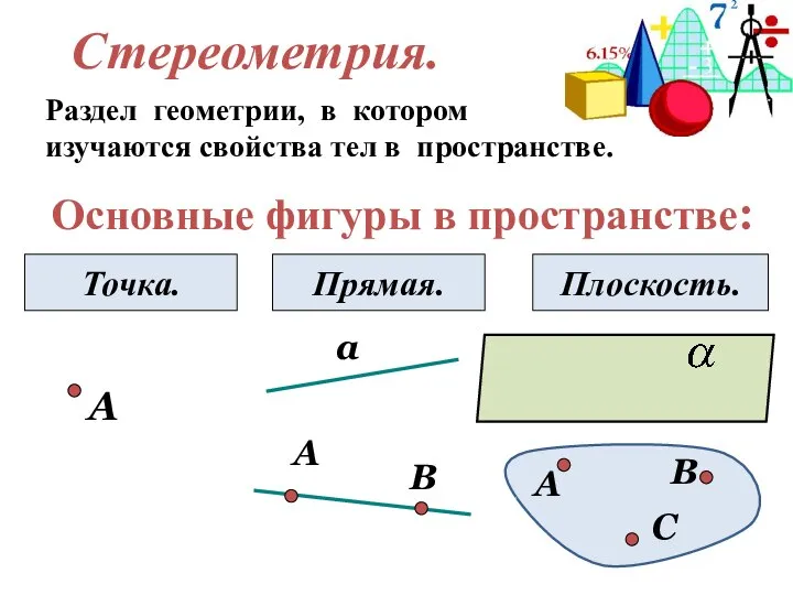 Стереометрия. Раздел геометрии, в котором изучаются свойства тел в пространстве. Основные