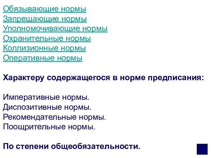 Обязывающие нормы Запрещающие нормы Уполномочивающие нормы Охранительные нормы Коллизионные нормы Оперативные