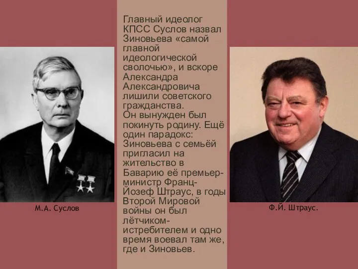 Главный идеолог КПСС Суслов назвал Зиновьева «самой главной идеологической сволочью», и