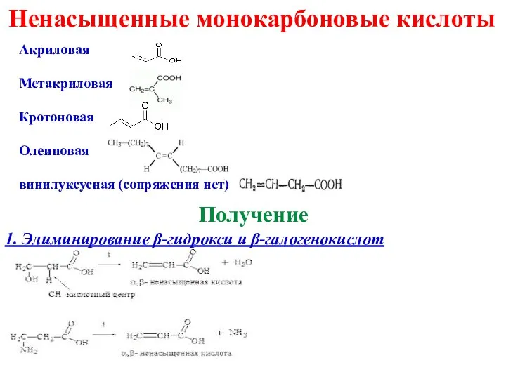 Ненасыщенные монокарбоновые кислоты Акриловая Метакриловая Кротоновая Олеиновая винилуксусная (сопряжения нет) Получение 1. Элиминирование β-гидрокси и β-галогенокислот