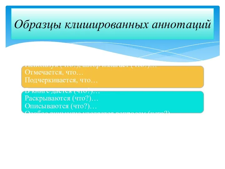 Используя (что?), автор излагает (что?)… Отмечается, что… Подчеркивается, что… В книге