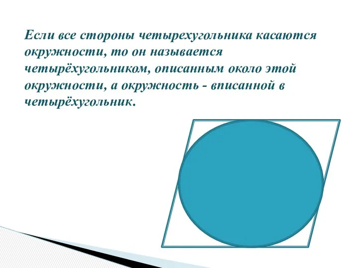 Если все стороны четырехугольника касаются окружности, то он называется четырёхугольником, описанным