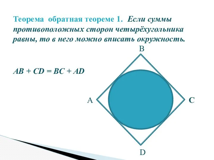 Теорема обратная теореме 1. Если суммы противоположных сторон четырёхугольника равны, то