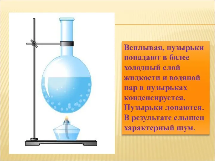 Всплывая, пузырьки попадают в более холодный слой жидкости и водяной пар