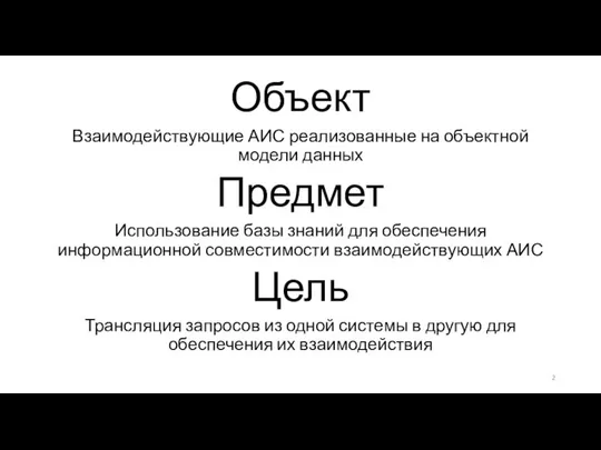 Объект Взаимодействующие АИС реализованные на объектной модели данных Предмет Использование базы