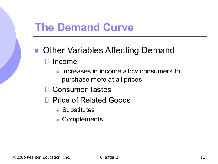 ©2005 Pearson Education, Inc. Chapter 2 The Demand Curve Other Variables