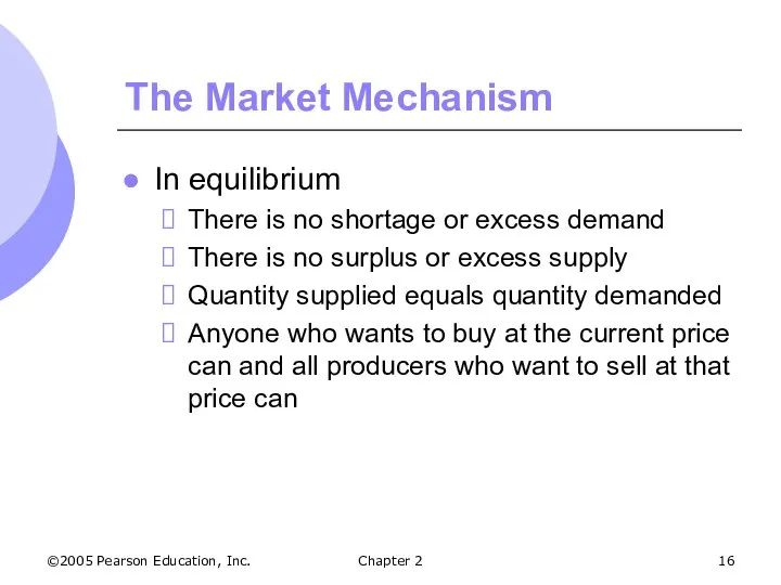 ©2005 Pearson Education, Inc. Chapter 2 The Market Mechanism In equilibrium